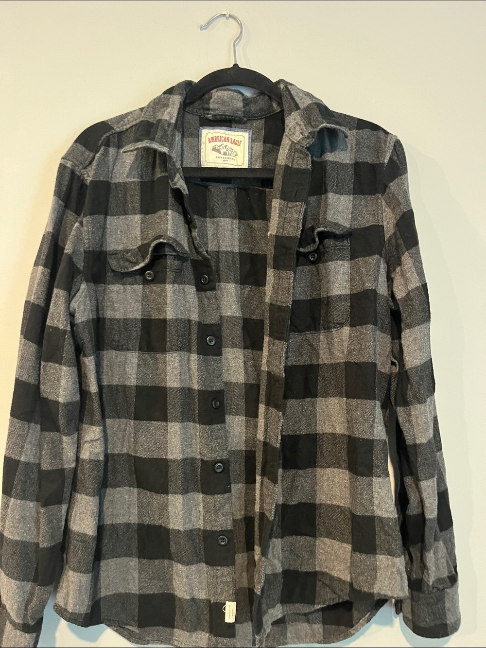 American Eagle Outfitters Black and Gray Plaid Button-Down Shirt
